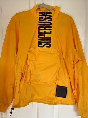 Yellow Pullover Windbreaker with Vertical Logo and Front Pocket